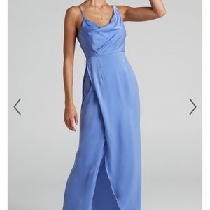 ROSEMARIE ASYMMETRICAL WRAP MAXI DRESS IN BLUE